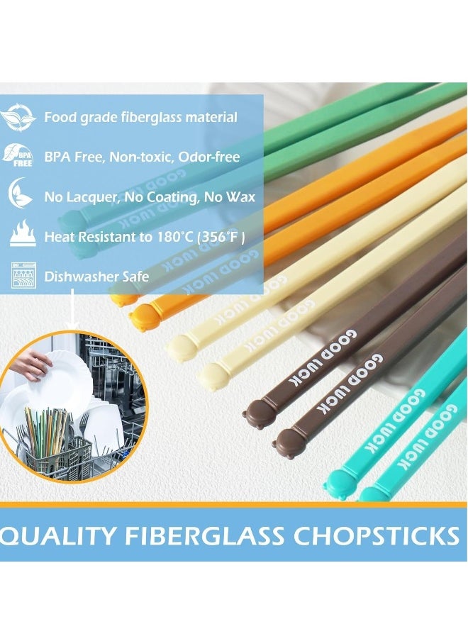 10 Pairs Chopsticks, Reusable Dishwasher Safe 9.5 Inches Premium Chop Sticks for Sushi, Ramen, Asian Cuisine, Matte Non-slip, Bear Head Style, Macaron Color