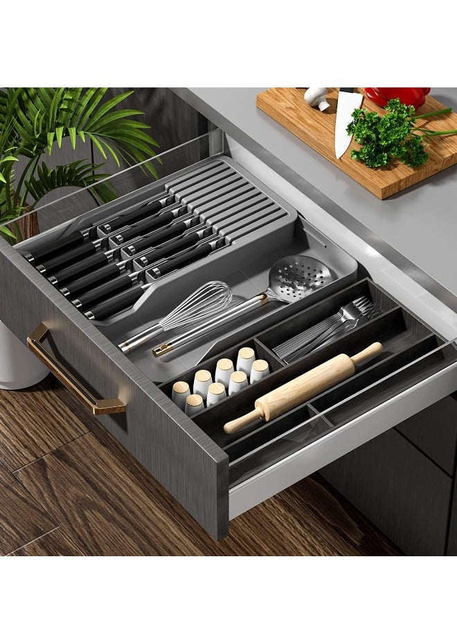 Drawer Knife Block,Kitchen Knife Drawer Organizer,2 Tier Knife Holder Holds 11 Knives with Expandable Organizer Storage Tray