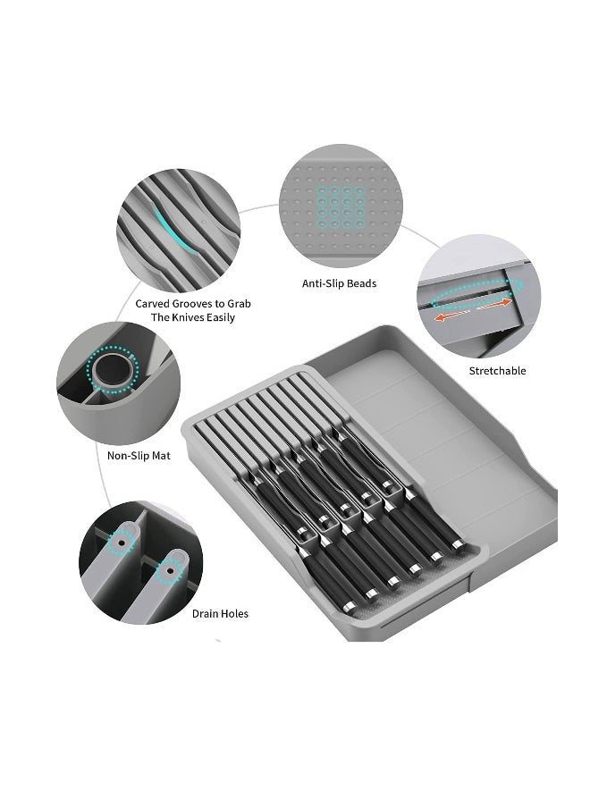 Drawer Knife Block,Kitchen Knife Drawer Organizer,2 Tier Knife Holder Holds 11 Knives with Expandable Organizer Storage Tray