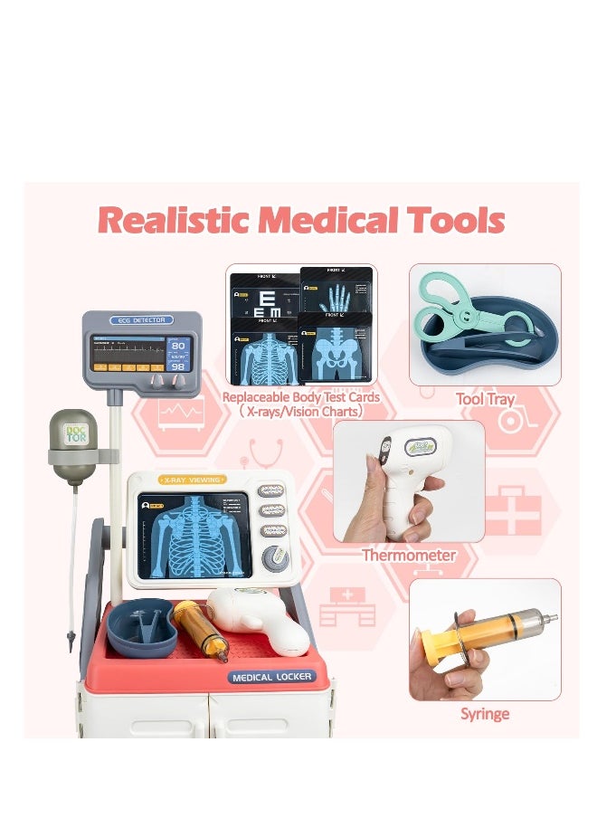 Kids Medical Cart Playset - Toy Doctor Kit with Realistic Sounds, Mobile Medical Station for Pretend Play, Perfect Gift for Toddlers 3-5, Ideal for Boys and Girls (Pink)