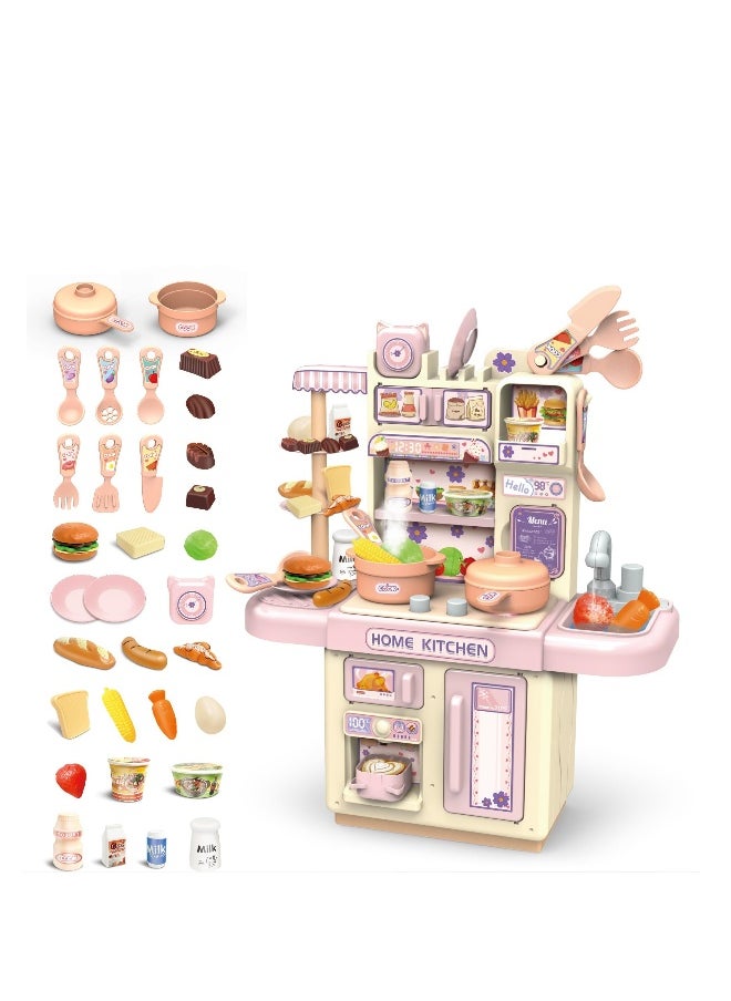Mini Kids Kitchen Play Set, Play Kitchen Toy for Doll House with Realistic Steam and Lights, Pretend Cooking Food Accessories, Cyclic Water System, Role Playing Game for Kids, Gift for Girls (Pink)