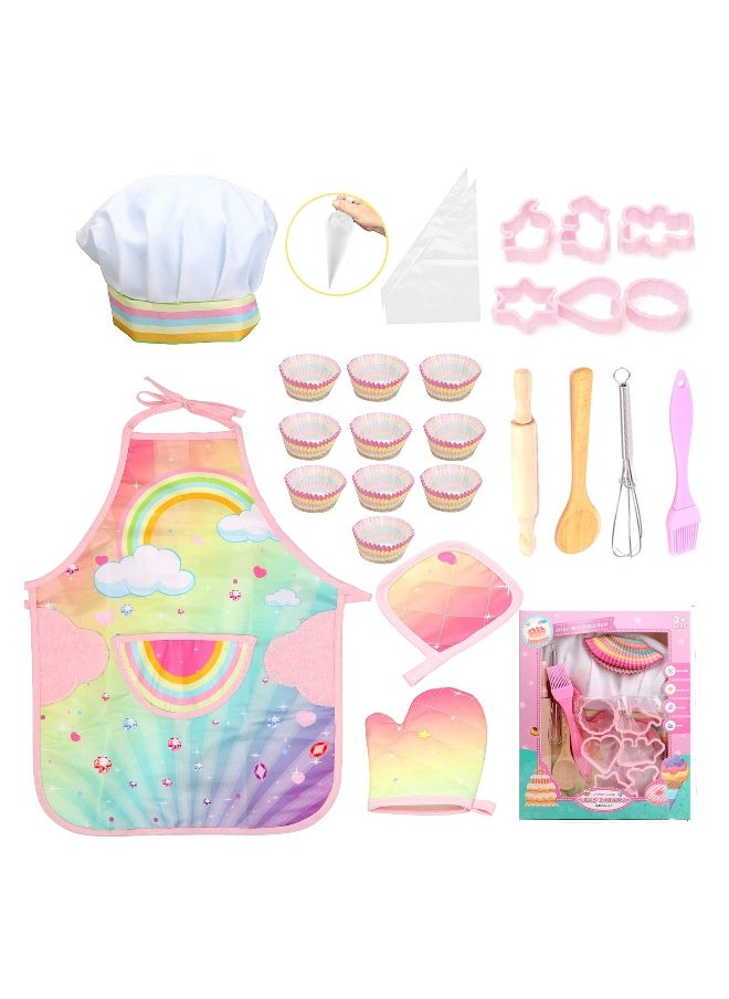 SYOSI Cooking and Baking Set for Kids, 26 Pcs Baking Kit for Boys and Girls Kids Chef Role Play Costume Set with Apron/Hat/Cooking Mitt/Utensils/Cupcake Molds for Toddler Ages 3+