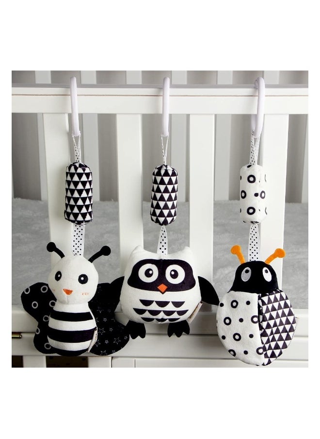 Hanging Rattle Toys, High Contrast Baby Toys and Plush Stroller Toys, Newborn Car Seat Toys with Black and White Cartoon Shapes Ladybug, Bee & Owl for Babies 0-36 Months (3 Pack)