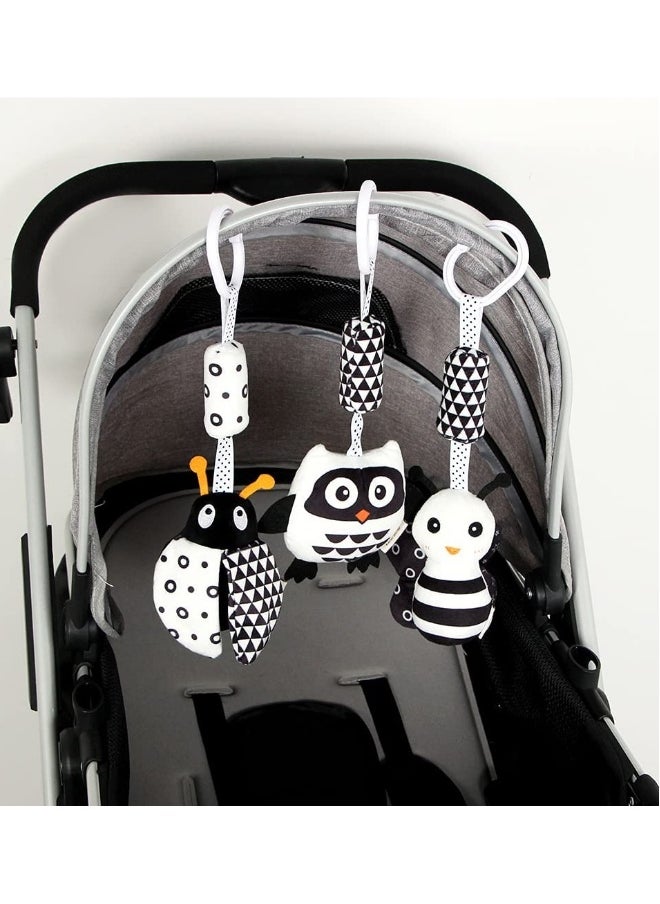 Hanging Rattle Toys, High Contrast Baby Toys and Plush Stroller Toys, Newborn Car Seat Toys with Black and White Cartoon Shapes Ladybug, Bee & Owl for Babies 0-36 Months (3 Pack)