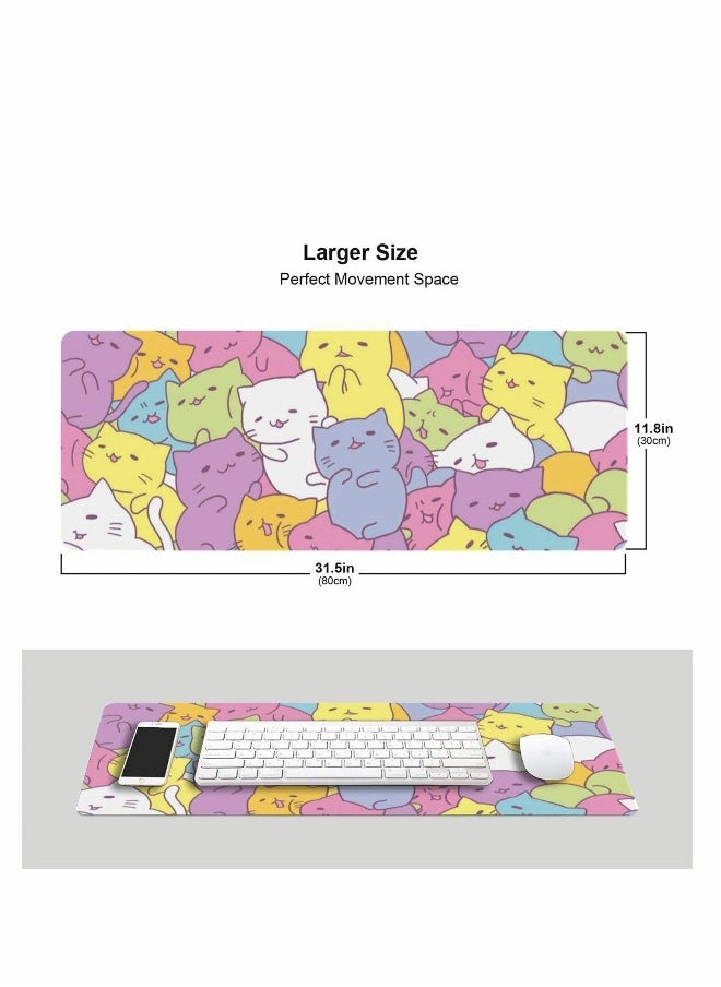 Cute Cat Gaming Mouse Pad XL, Extended Large Mouse Mat Desk Pad, Stitched Edges Mousepad, Long Non-Slip Rubber Base Mice Pad, 31.5 X 11.8 Inch