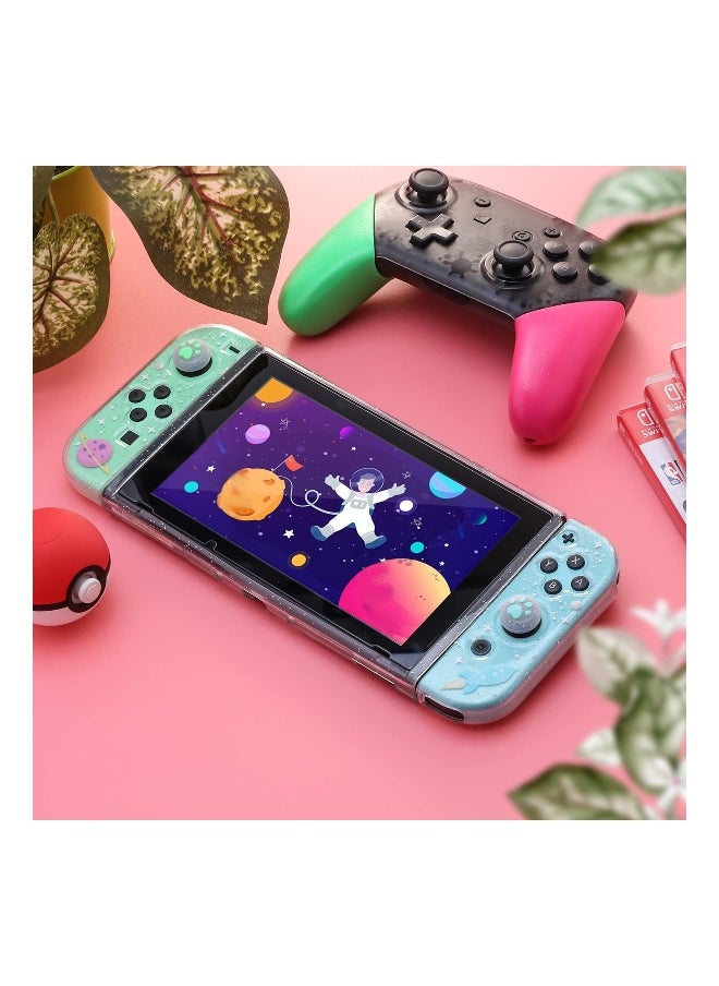 Clear Glitter Switch TPU Case, Protective Switch Case with Glitter Animal Crossing Thumb Grip Case TPU Clear Glitter Protective Case and Tempered Glass Screen Protector for Nintendo Switch