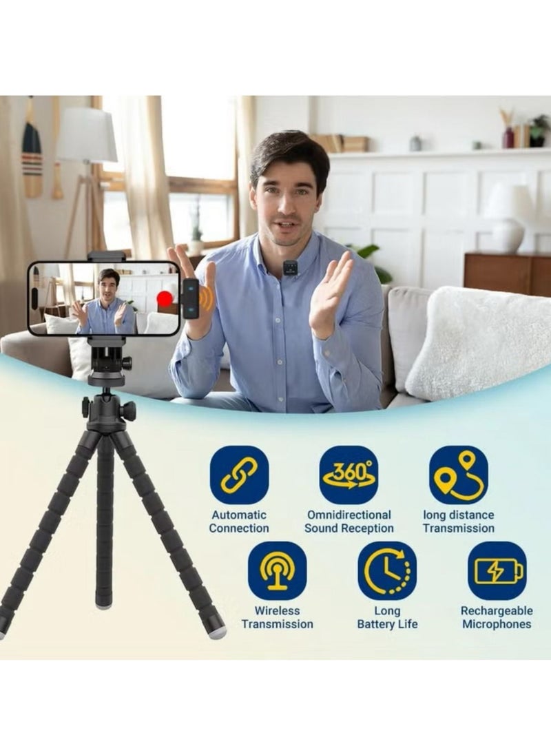 F11-2 Wireless Tie Mic with Two Microphones Compatible Android/iOS Plug-Play Mini Micro Wireless Noise Reduction for Live and Record Videos