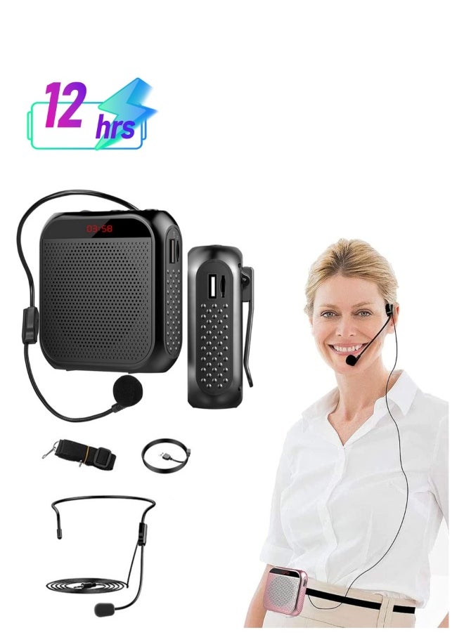 Portable Voice Amplifier with Wired Microphone Headset, Rechargeable PA System Speaker for Teachers, Tour Guides, Coaches, Meetings, Yoga, and Fitness (Black)