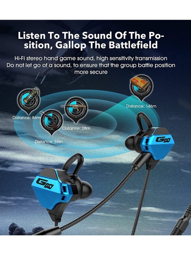 Gaming Earbuds with Microphone, Stereo Wired Headphones for Computer Gamer in-Ear Headphones with Detachable Mic for PS 5 Video Game E-Sport Earphone with 3.5mm Jack (Blue)