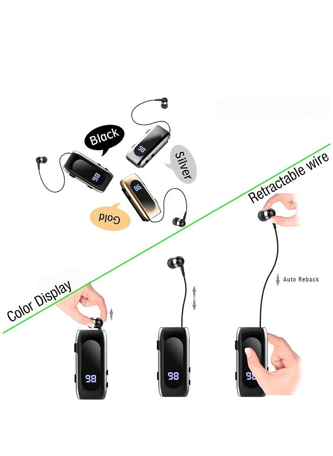 Retractable Bluetooth Headphones Collar Clip Bluetooth Headsets Wireless Earphone Display Quick Charger Handsfree Earbuds v5.2 with Microphone for Cell Phone (Gold)