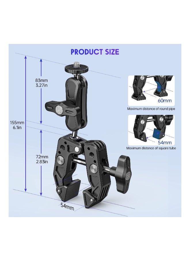 Versatile Camera Clamp Mount with 1/4''-20 and 3/8''-16 Threads, 360° Double Ball Head Adapter for DSLR Cameras, Lights, Hooks, Shelves, Rods, and Cross Bars - Compatible with Most Cameras.