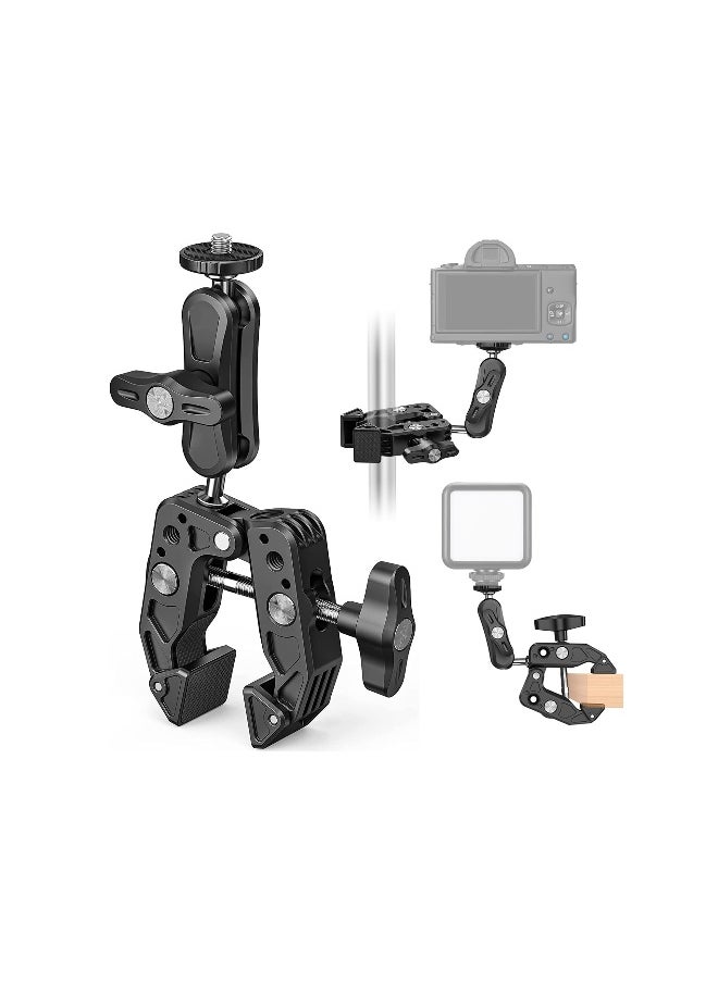 Versatile Camera Clamp Mount with 1/4''-20 and 3/8''-16 Threads, 360° Double Ball Head Adapter for DSLR Cameras, Lights, Hooks, Shelves, Rods, and Cross Bars - Compatible with Most Cameras.
