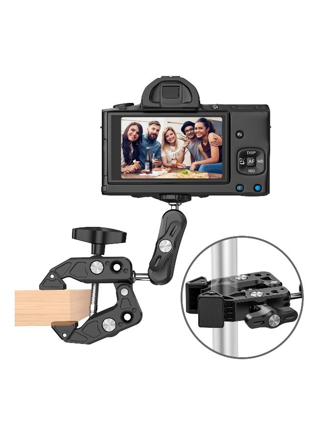 Versatile Camera Clamp Mount with 1/4''-20 and 3/8''-16 Threads, 360° Double Ball Head Adapter for DSLR Cameras, Lights, Hooks, Shelves, Rods, and Cross Bars - Compatible with Most Cameras.