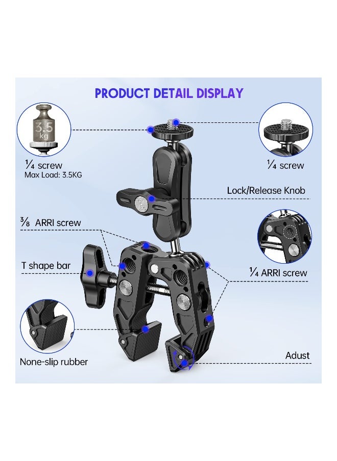 Versatile Camera Clamp Mount with 1/4''-20 and 3/8''-16 Threads, 360° Double Ball Head Adapter for DSLR Cameras, Lights, Hooks, Shelves, Rods, and Cross Bars - Compatible with Most Cameras.