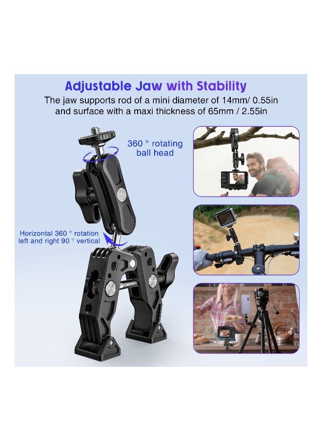 Versatile Camera Clamp Mount with 1/4''-20 and 3/8''-16 Threads, 360° Double Ball Head Adapter for DSLR Cameras, Lights, Hooks, Shelves, Rods, and Cross Bars - Compatible with Most Cameras.