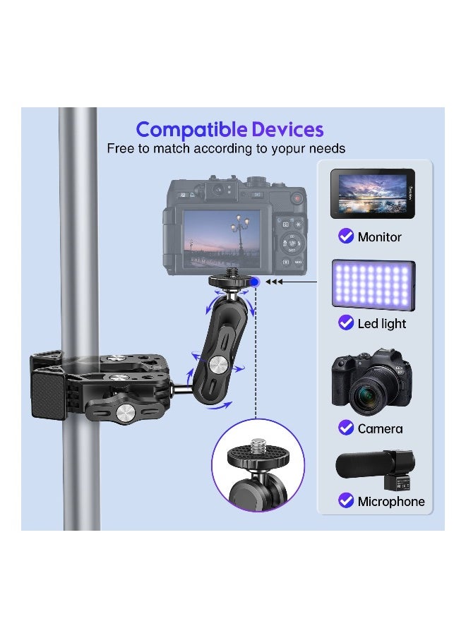 Versatile Camera Clamp Mount with 1/4''-20 and 3/8''-16 Threads, 360° Double Ball Head Adapter for DSLR Cameras, Lights, Hooks, Shelves, Rods, and Cross Bars - Compatible with Most Cameras.