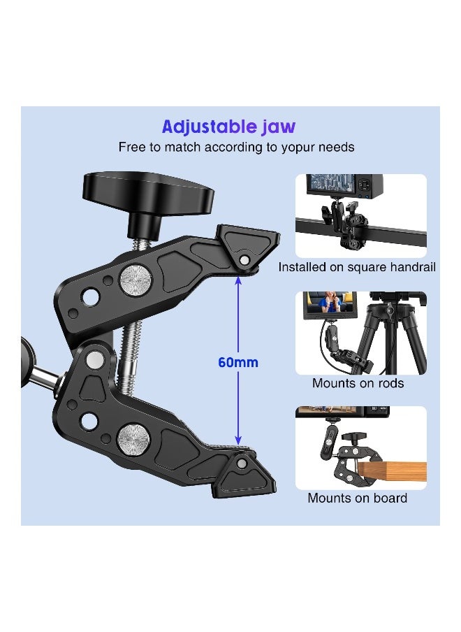 Versatile Camera Clamp Mount with 1/4''-20 and 3/8''-16 Threads, 360° Double Ball Head Adapter for DSLR Cameras, Lights, Hooks, Shelves, Rods, and Cross Bars - Compatible with Most Cameras.