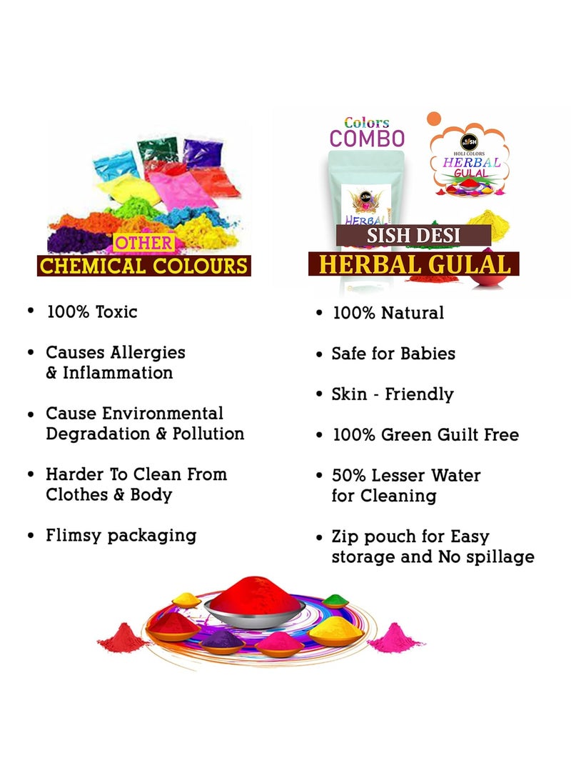 Sish Desi Holi Herbal Gulal Color 250g for Kids and Adults Natural Fragrance Soft Gulal with NonToxic Scent for Holi Parties and Puja Pack of 5 Colors