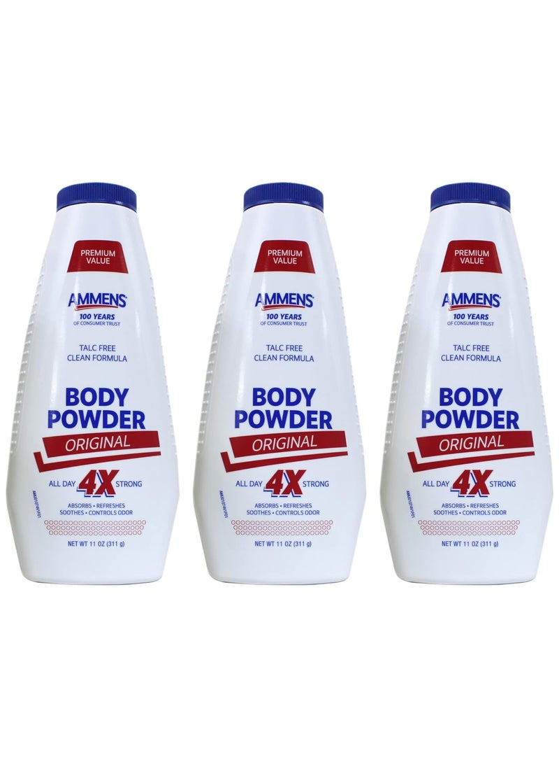 AMMENS BODY Powder Original All Day 4X Strong, 11 oz (Pack of 3)