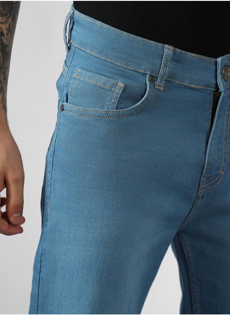Men's Indigo Cotton Blend Solid Full Length Relaxed Fit Jeans
