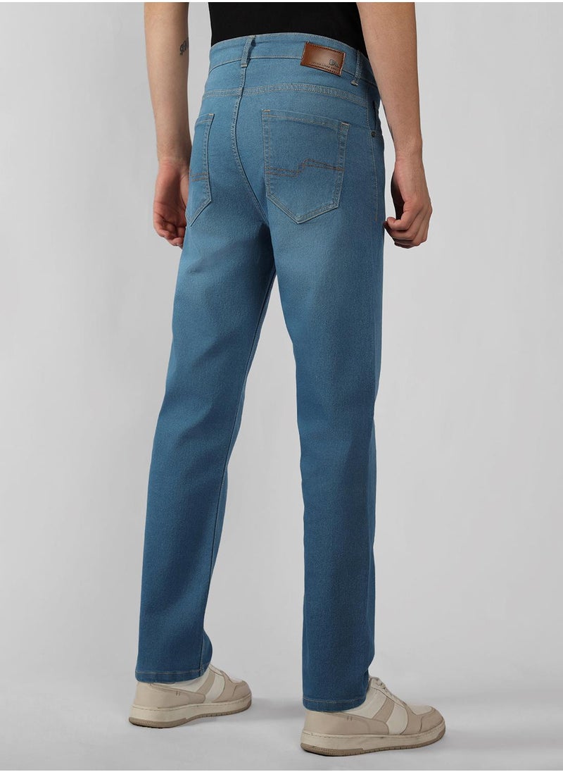 Men's Indigo Cotton Blend Solid Full Length Relaxed Fit Jeans