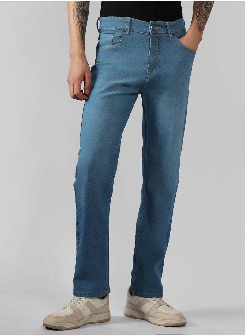 Men's Indigo Cotton Blend Solid Full Length Relaxed Fit Jeans