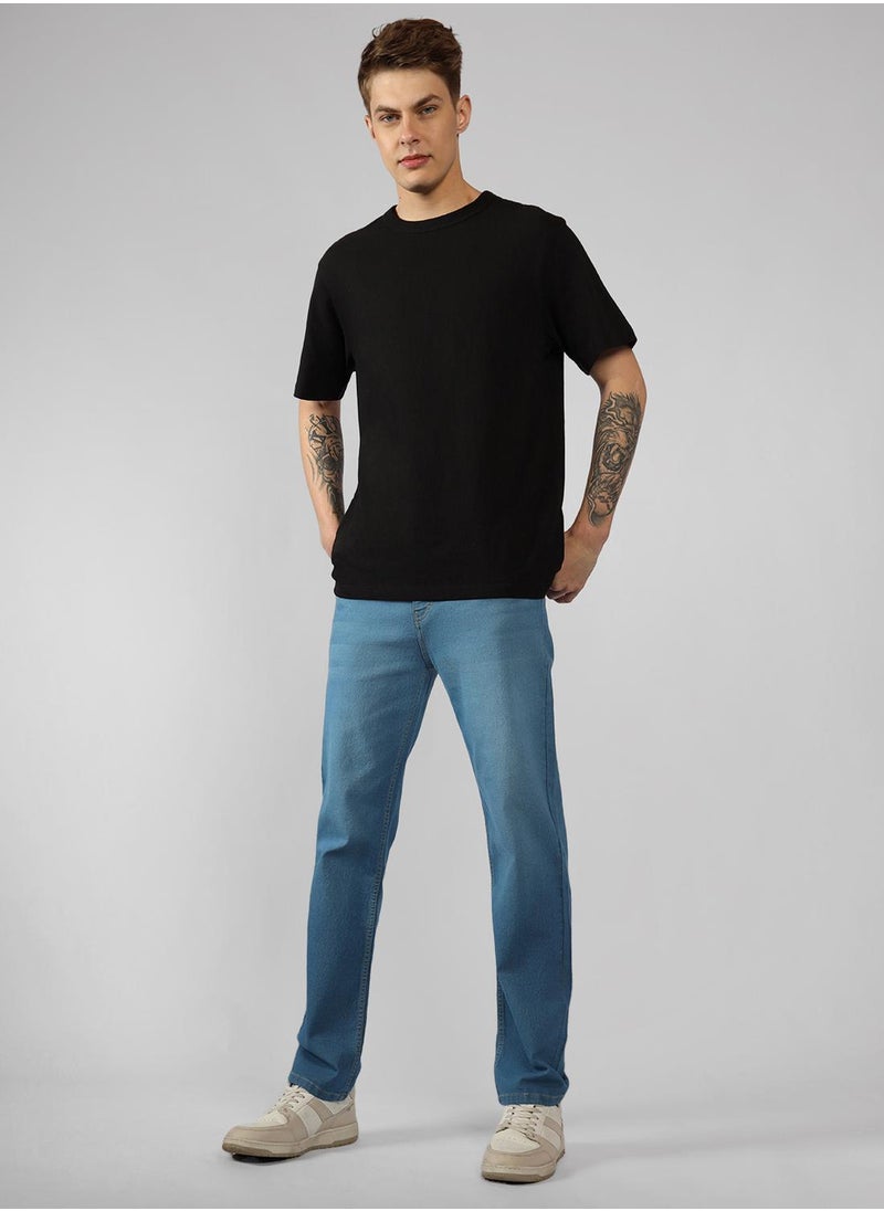 Men's Indigo Cotton Blend Solid Full Length Relaxed Fit Jeans