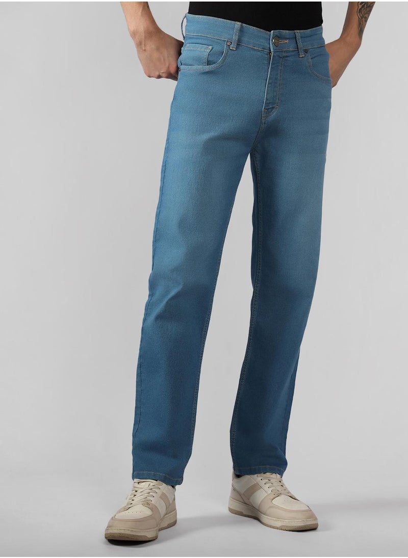 Men's Indigo Cotton Blend Solid Full Length Relaxed Fit Jeans