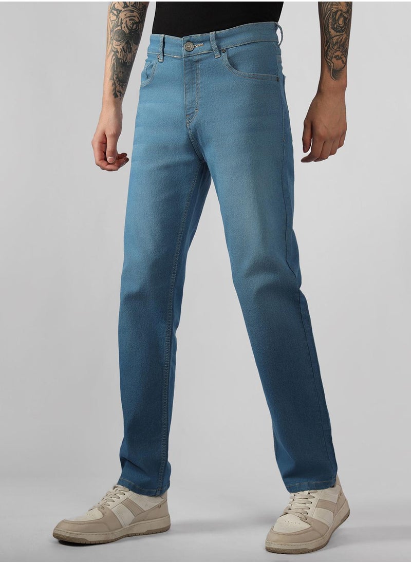 Men's Indigo Cotton Blend Solid Full Length Relaxed Fit Jeans