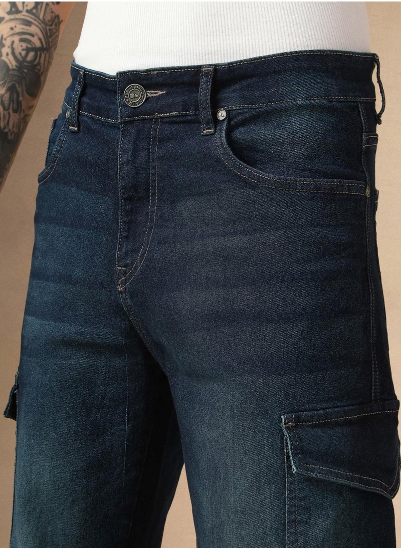 Men's Indigo Cotton Blend Solid Full Length Relaxed Fit Jeans