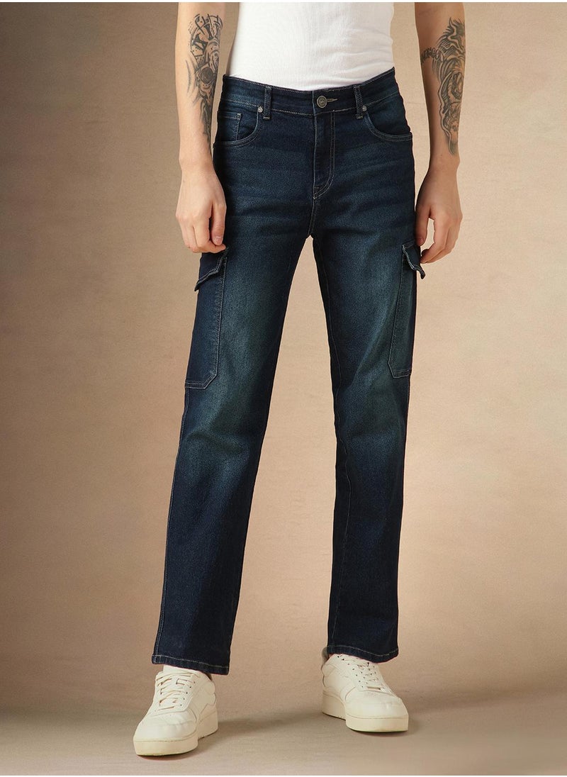 Men's Indigo Cotton Blend Solid Full Length Relaxed Fit Jeans