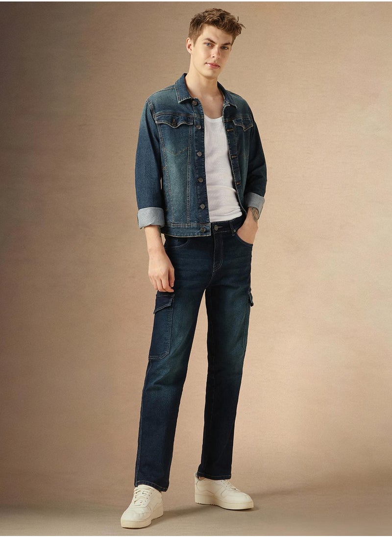 Men's Indigo Cotton Blend Solid Full Length Relaxed Fit Jeans