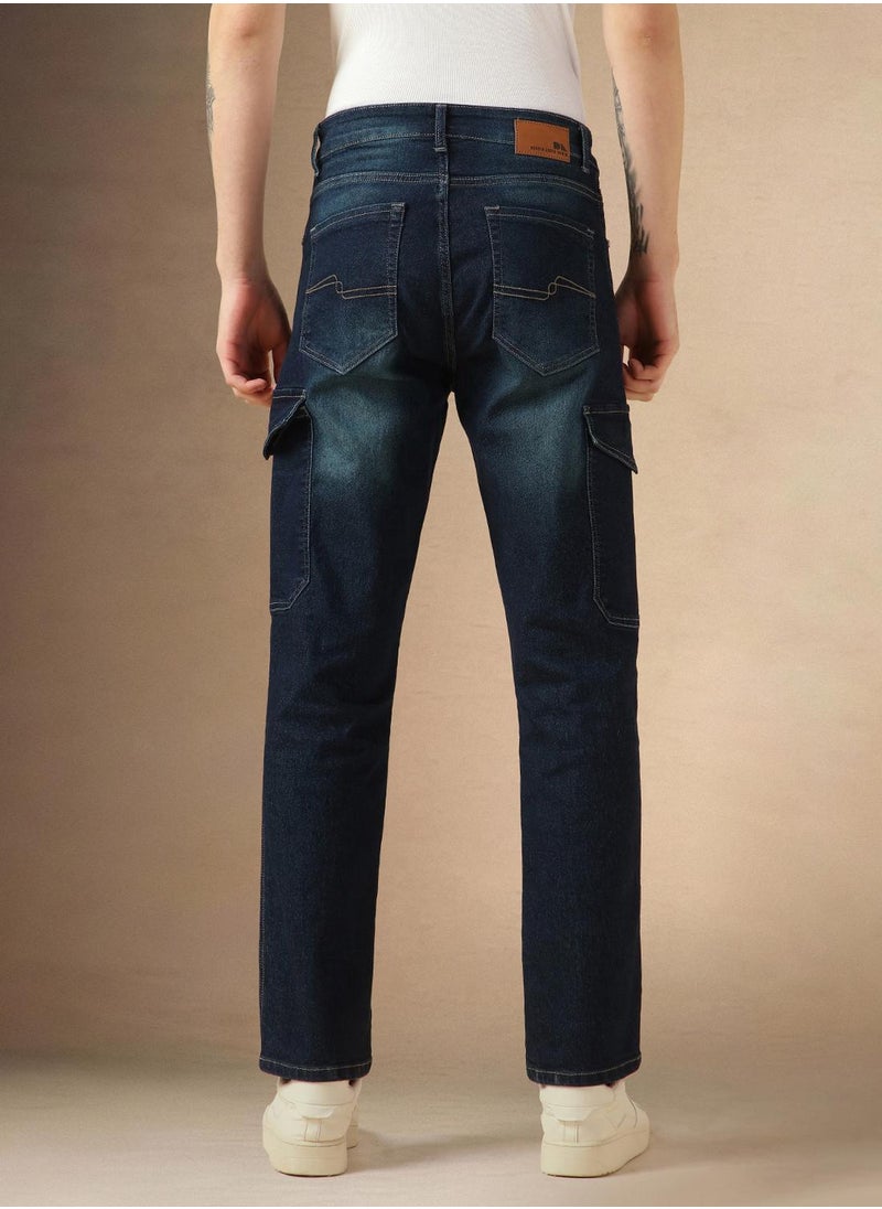 Men's Indigo Cotton Blend Solid Full Length Relaxed Fit Jeans