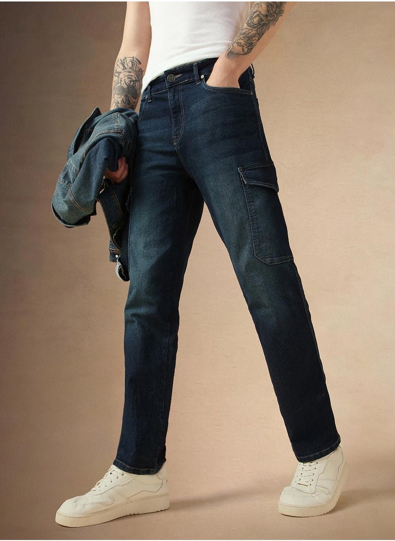 Men's Indigo Cotton Blend Solid Full Length Relaxed Fit Jeans