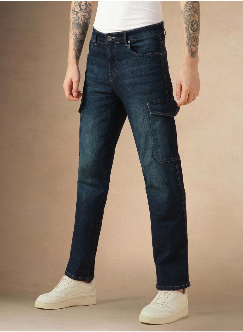 Men's Indigo Cotton Blend Solid Full Length Relaxed Fit Jeans