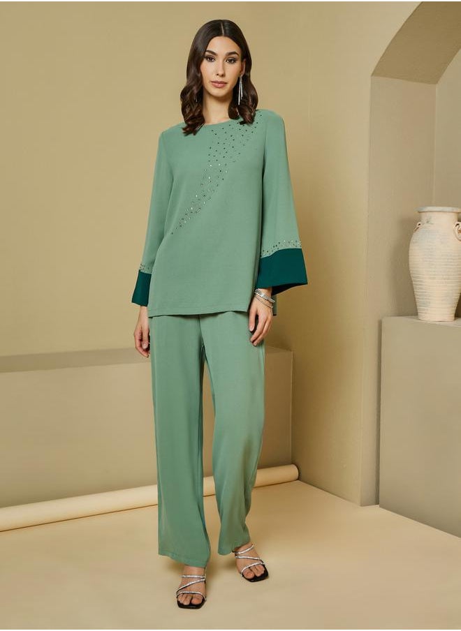 Contrast Cuff Detail Embellished Top & Wide Leg Pants Modest Set
