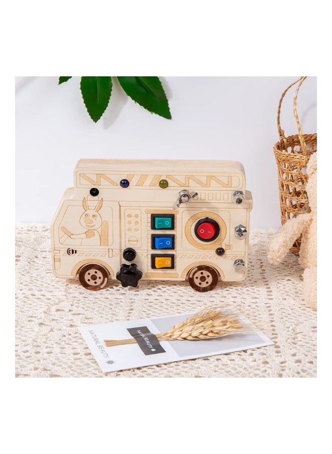 3-in-1 Montessori Busy Board with LED Light, Fire Truck Fine Motor Skills Toys, Wooden Car Busy Board, Screwdriver Mini Set, and Push Buttons for Engaging Learning Activities.