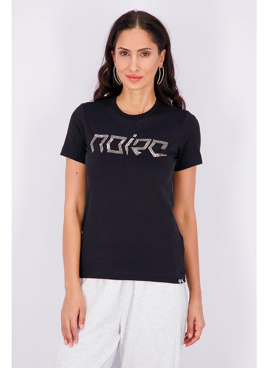 Women Crew Neck Short Sleeve Embellished Top, Black