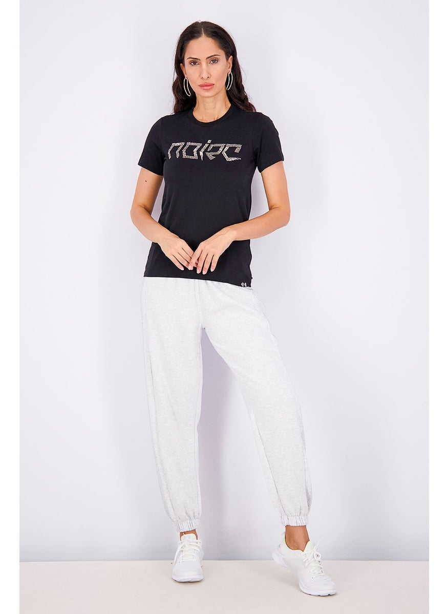 Women Crew Neck Short Sleeve Embellished Top, Black