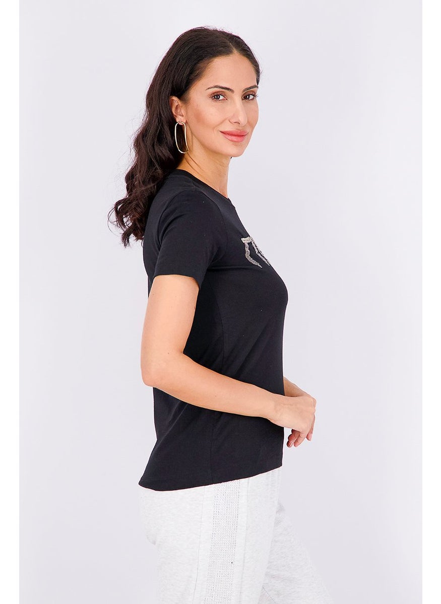 Women Crew Neck Short Sleeve Embellished Top, Black