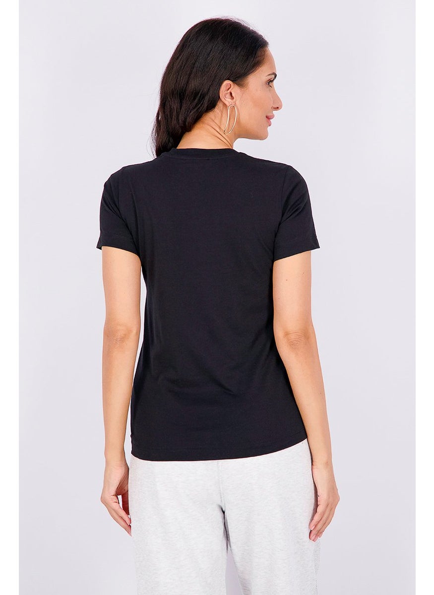 Women Crew Neck Short Sleeve Embellished Top, Black