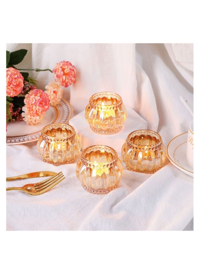 Gold Votive Candle Holders Set of 6, Glass Vintage Round Tealight Candlestick Holders for Wedding Table Decor, Party Supplies, Bridal Shower Decorations, Centerpieces for Tables