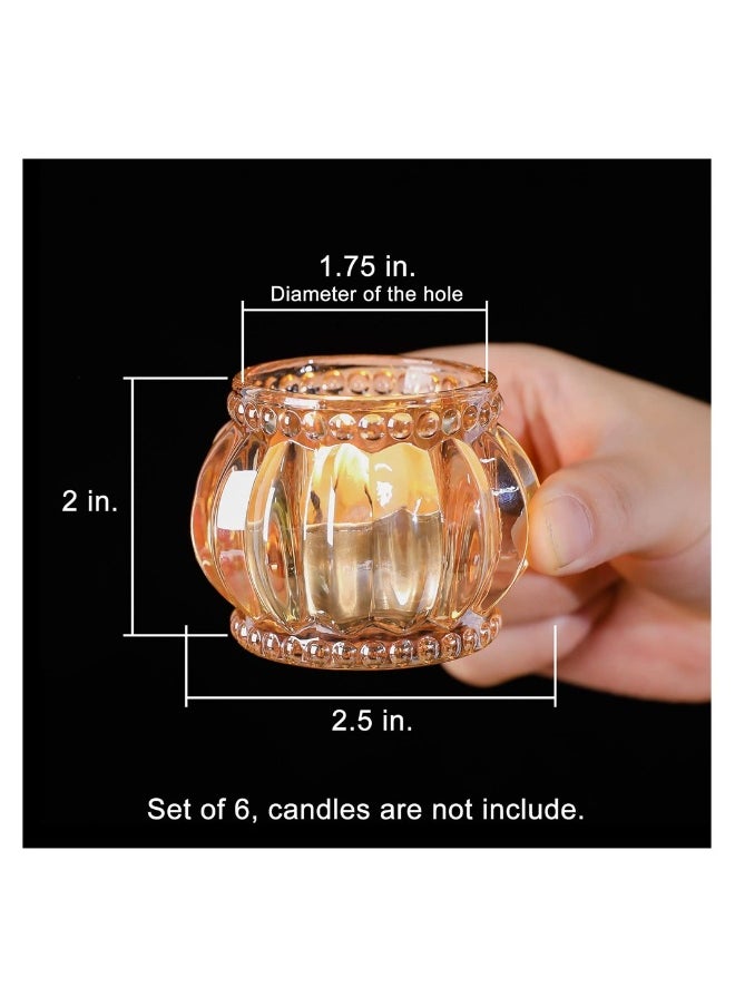 Gold Votive Candle Holders Set of 6, Glass Vintage Round Tealight Candlestick Holders for Wedding Table Decor, Party Supplies, Bridal Shower Decorations, Centerpieces for Tables