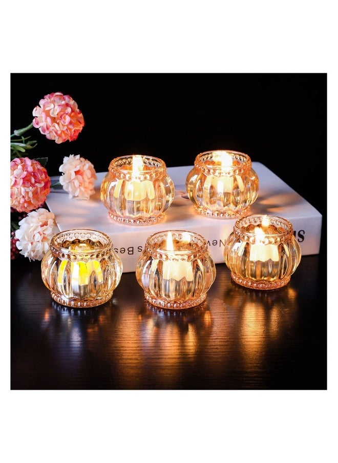 Gold Votive Candle Holders Set of 6, Glass Vintage Round Tealight Candlestick Holders for Wedding Table Decor, Party Supplies, Bridal Shower Decorations, Centerpieces for Tables