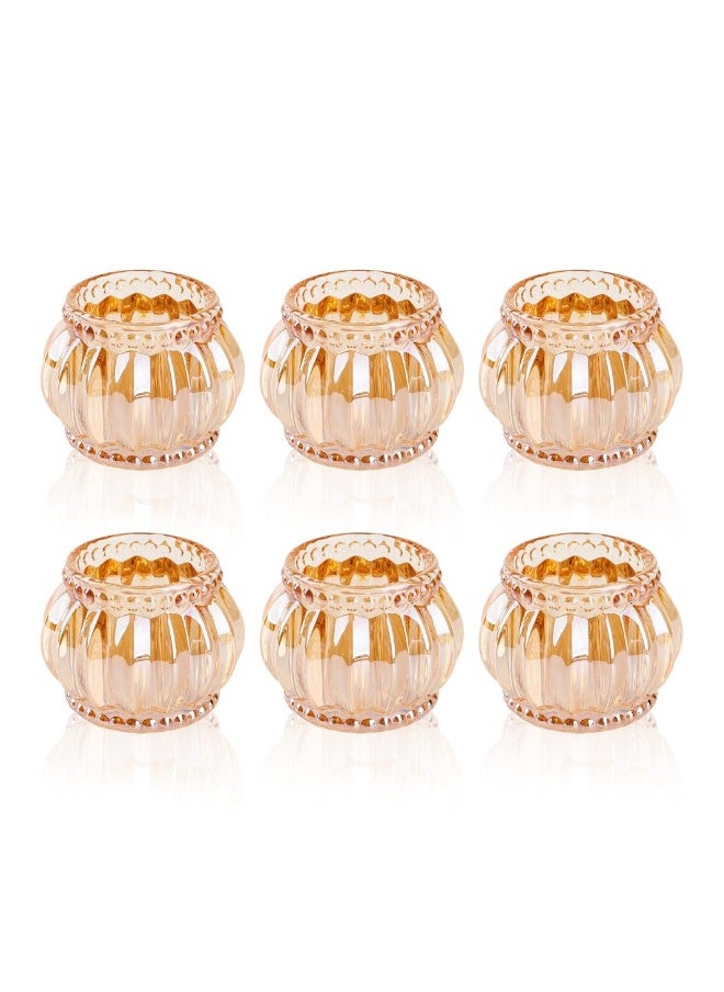Gold Votive Candle Holders Set of 6, Glass Vintage Round Tealight Candlestick Holders for Wedding Table Decor, Party Supplies, Bridal Shower Decorations, Centerpieces for Tables