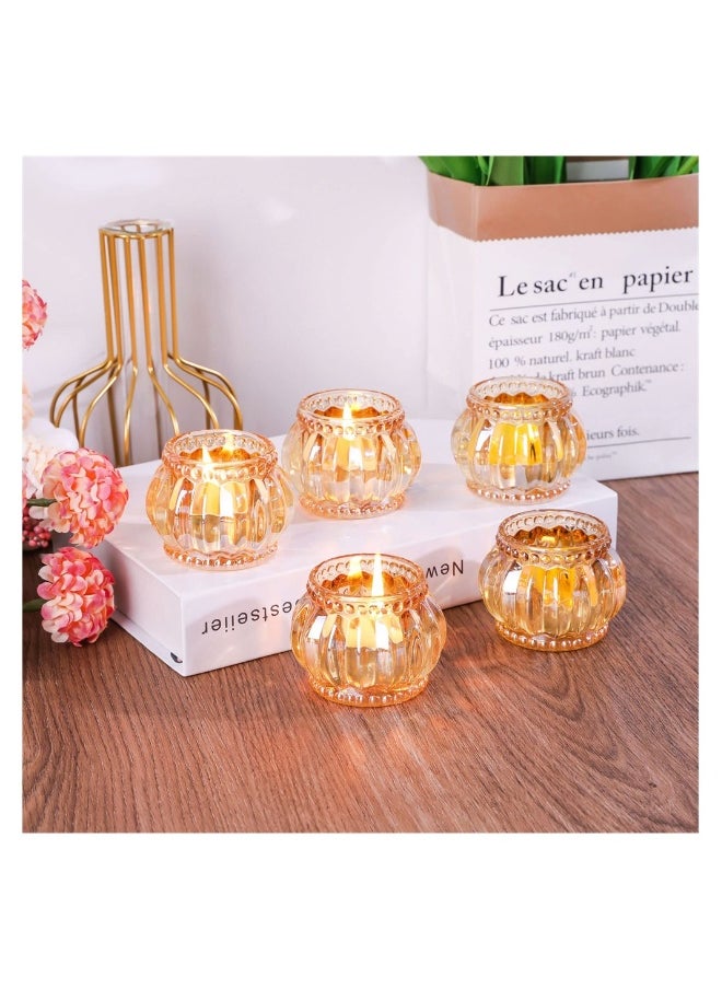 Gold Votive Candle Holders Set of 6, Glass Vintage Round Tealight Candlestick Holders for Wedding Table Decor, Party Supplies, Bridal Shower Decorations, Centerpieces for Tables
