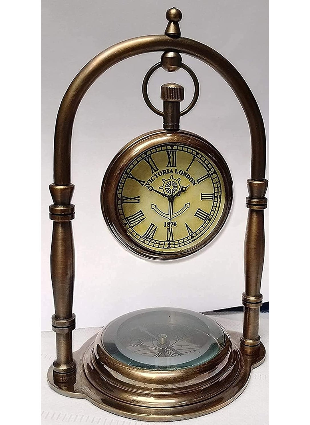 Handmade Antiques Brass Table Top Clock Desk Clock Nautical Maritime Clock Base Direction Compass Home Office Decor Gift Item