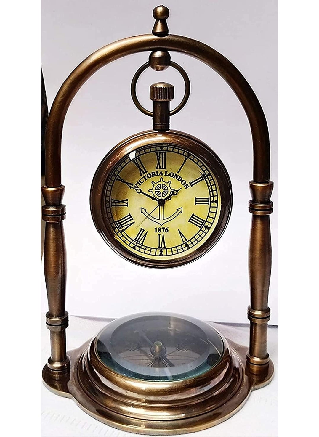 Handmade Antiques Brass Table Top Clock Desk Clock Nautical Maritime Clock Base Direction Compass Home Office Decor Gift Item