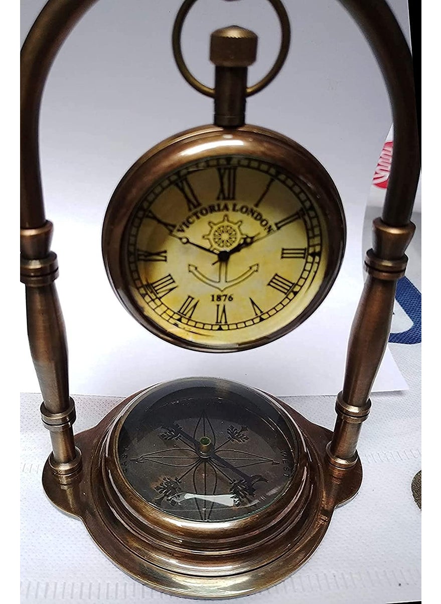 Handmade Antiques Brass Table Top Clock Desk Clock Nautical Maritime Clock Base Direction Compass Home Office Decor Gift Item