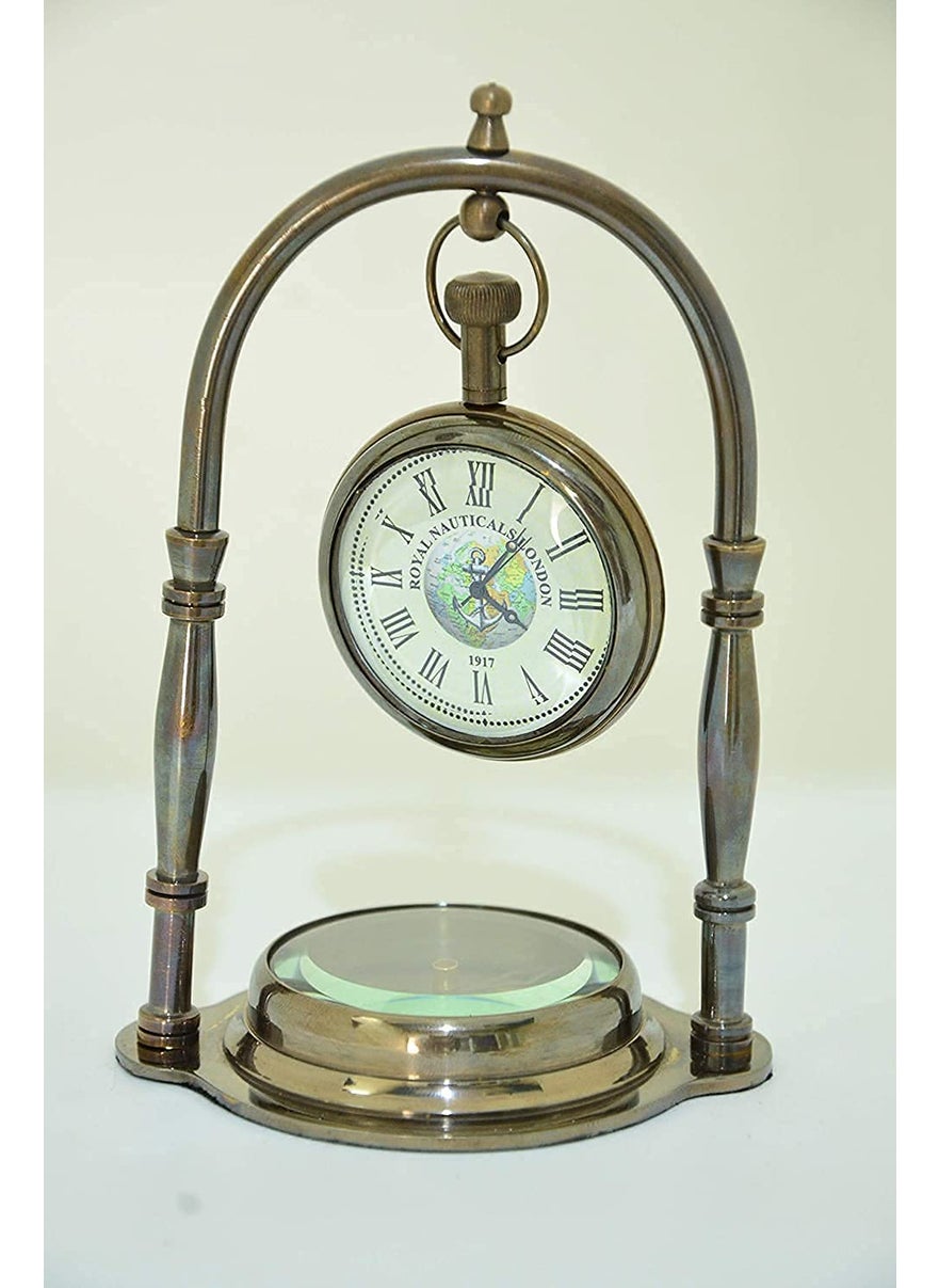 Royal Nautical Handmade Nautical Antique Brass Desk Shelf Clock with Compass Base Antique Brass Desk Hanging Clock with Compass Roman DialSet of 5 Pieces